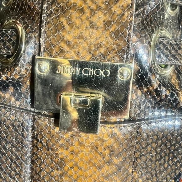 Jimmy Choo Ramona Brown Snakeskin Embossed Leather Cinched Satchel Bag - Picture 3 of 13